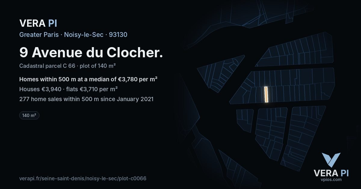 9 Avenue du Clocher, Noisy-le-Sec at night – the plot lit, the parcels around coloured by the prices near them