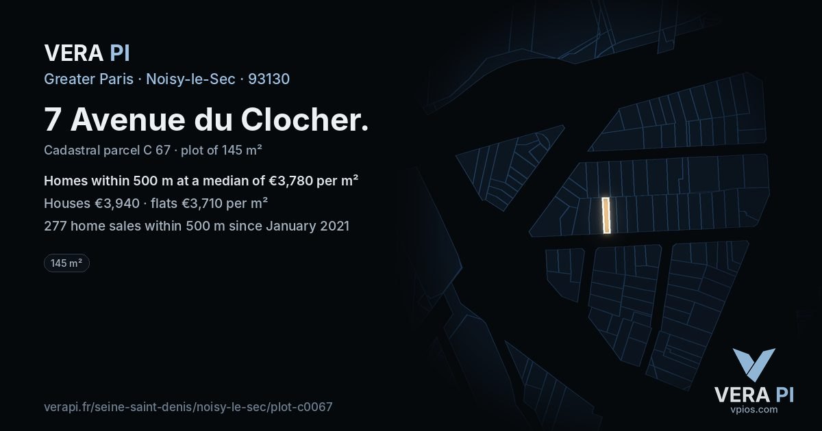 7 Avenue du Clocher, Noisy-le-Sec at night – the plot lit, the parcels around coloured by the prices near them