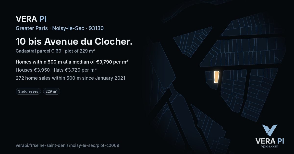 10 bis Avenue du Clocher, Noisy-le-Sec at night – the plot lit, the parcels around coloured by the prices near them