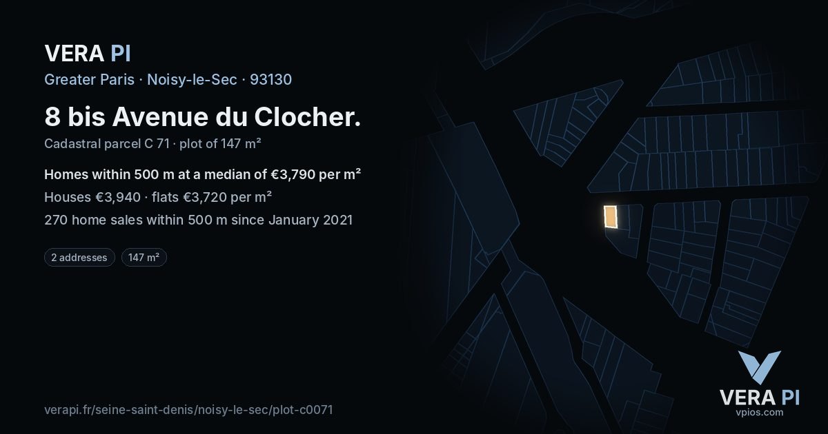8 bis Avenue du Clocher, Noisy-le-Sec at night – the plot lit, the parcels around coloured by the prices near them
