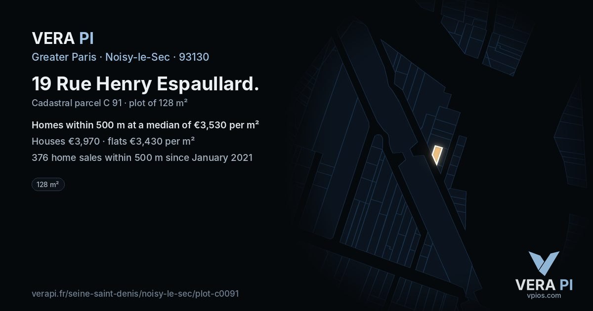 19 Rue Henry Espaullard, Noisy-le-Sec at night – the plot lit, the parcels around coloured by the prices near them