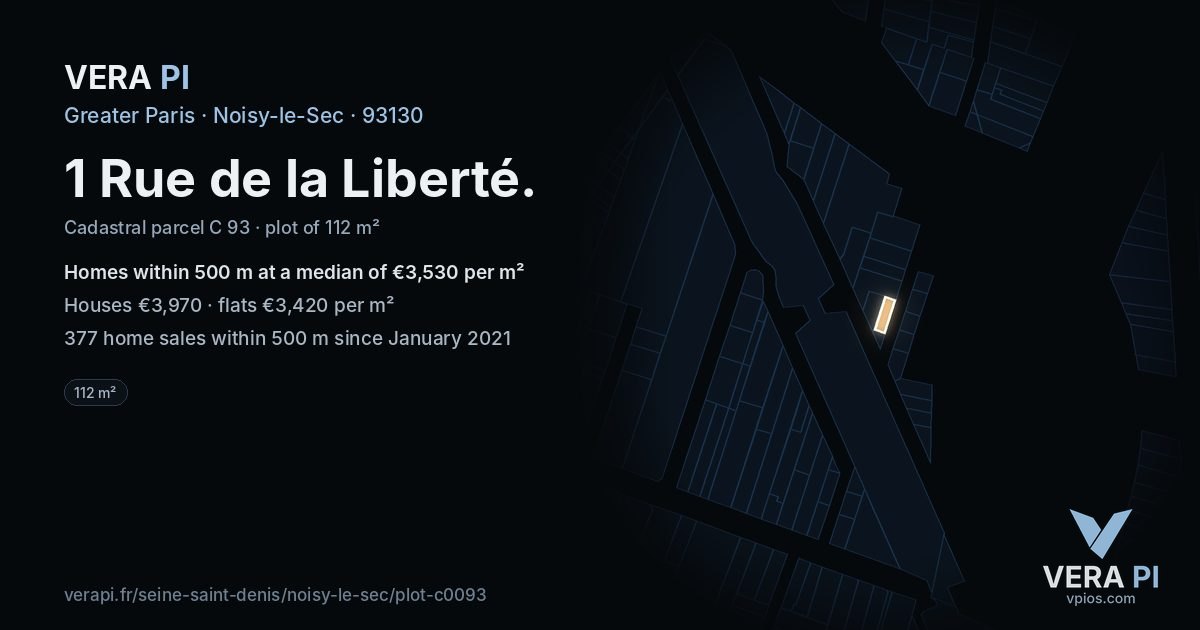 1 Rue de la Liberté, Noisy-le-Sec at night – the plot lit, the parcels around coloured by the prices near them