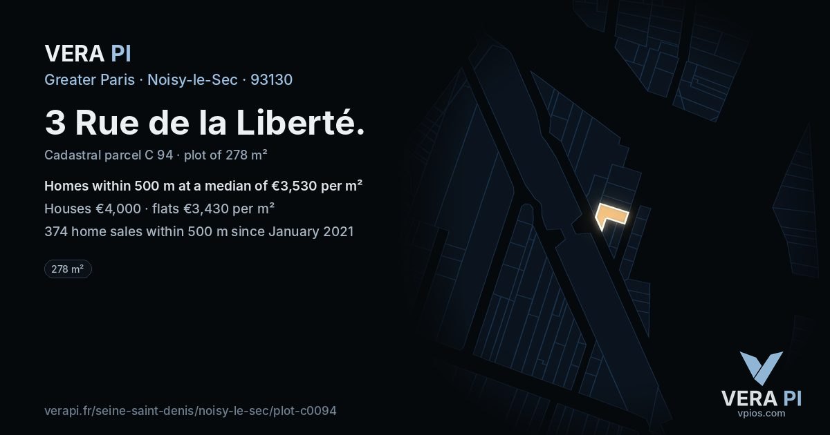 3 Rue de la Liberté, Noisy-le-Sec at night – the plot lit, the parcels around coloured by the prices near them