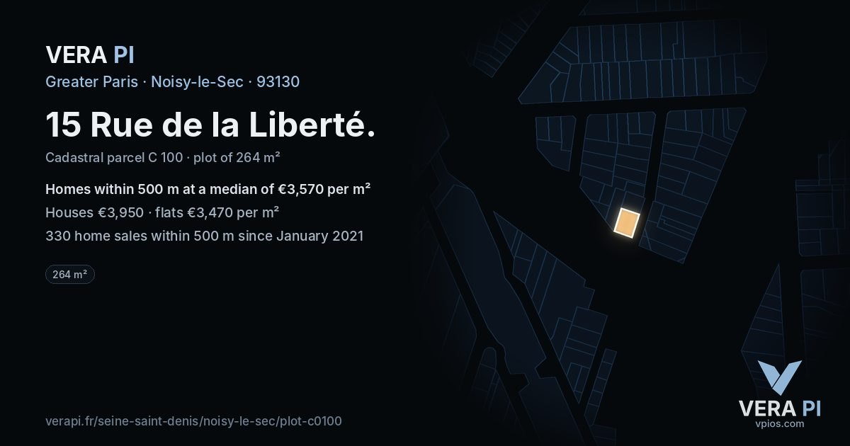 15 Rue de la Liberté, Noisy-le-Sec at night – the plot lit, the parcels around coloured by the prices near them