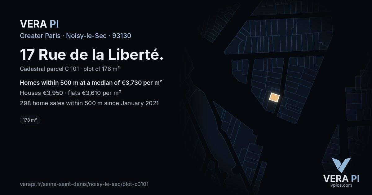 17 Rue de la Liberté, Noisy-le-Sec at night – the plot lit, the parcels around coloured by the prices near them