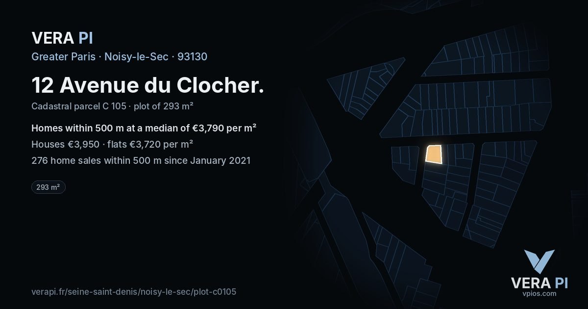 12 Avenue du Clocher, Noisy-le-Sec at night – the plot lit, the parcels around coloured by the prices near them