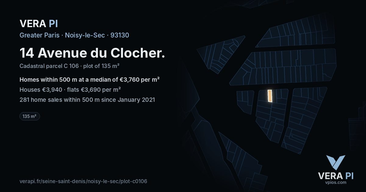 14 Avenue du Clocher, Noisy-le-Sec at night – the plot lit, the parcels around coloured by the prices near them