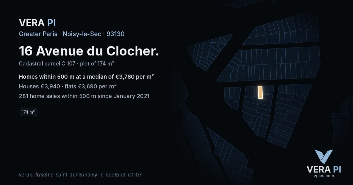16 Avenue du Clocher, Noisy-le-Sec at night – the plot lit, the parcels around coloured by the prices near them