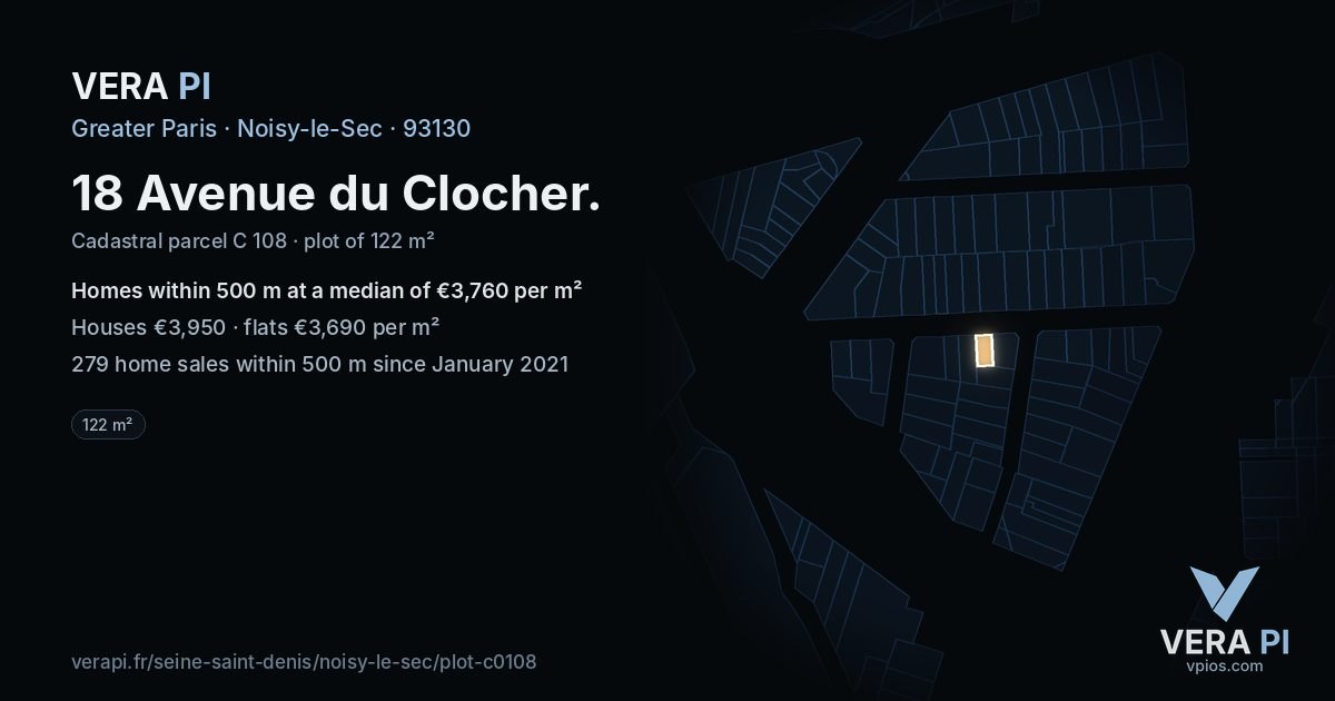 18 Avenue du Clocher, Noisy-le-Sec at night – the plot lit, the parcels around coloured by the prices near them