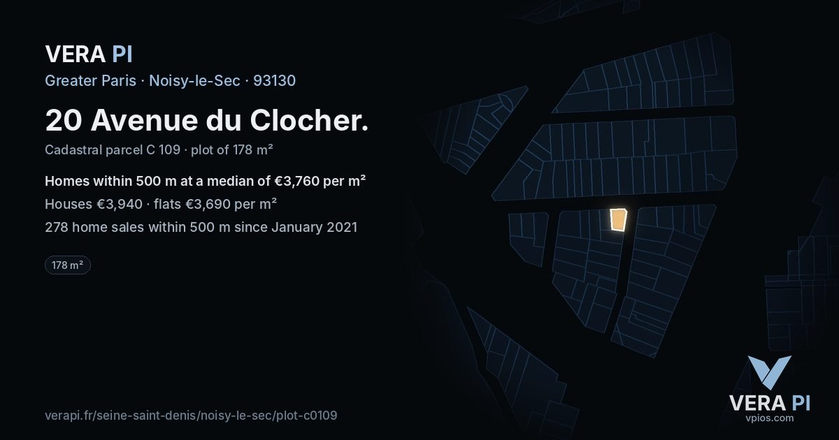 20 Avenue du Clocher, Noisy-le-Sec at night – the plot lit, the parcels around coloured by the prices near them
