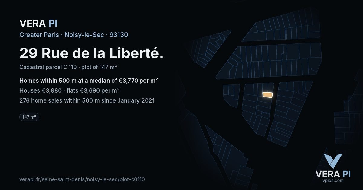 29 Rue de la Liberté, Noisy-le-Sec at night – the plot lit, the parcels around coloured by the prices near them