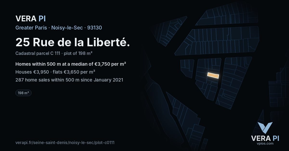 25 Rue de la Liberté, Noisy-le-Sec at night – the plot lit, the parcels around coloured by the prices near them