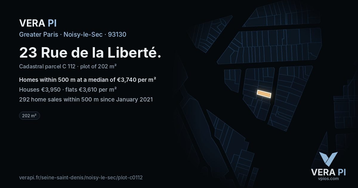 23 Rue de la Liberté, Noisy-le-Sec at night – the plot lit, the parcels around coloured by the prices near them