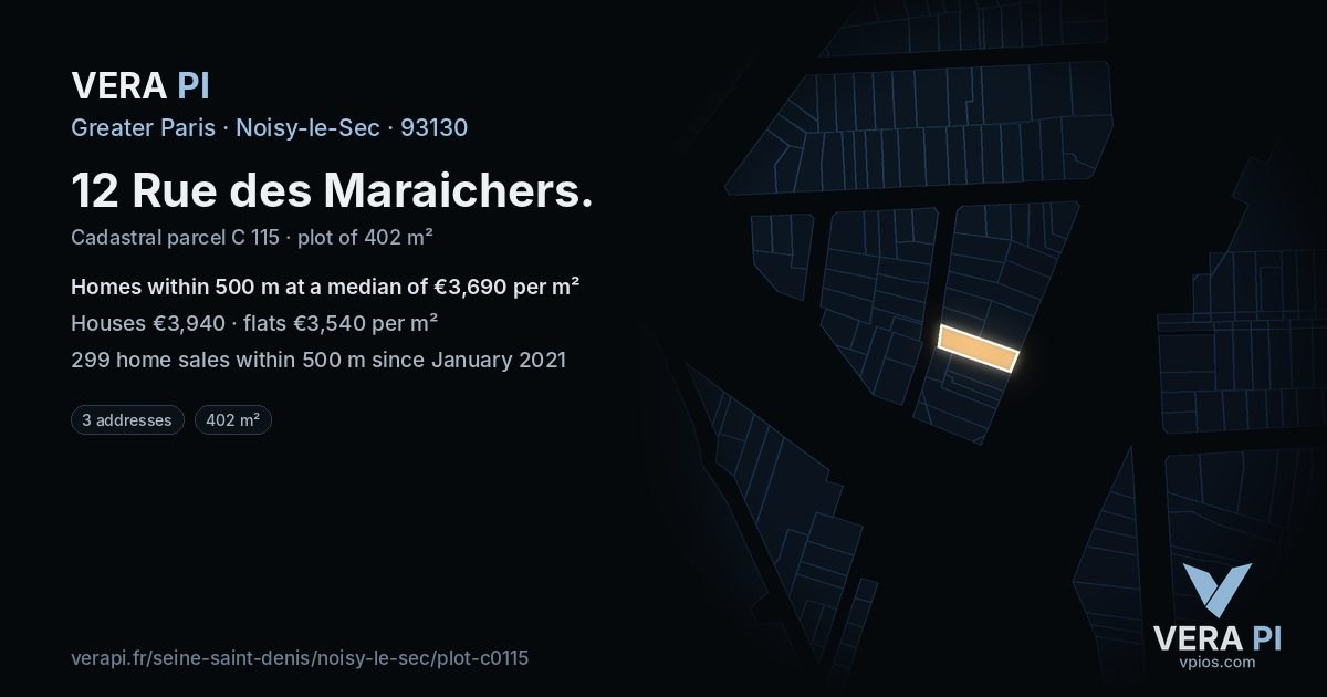 12 Rue des Maraichers, Noisy-le-Sec at night – the plot lit, the parcels around coloured by the prices near them
