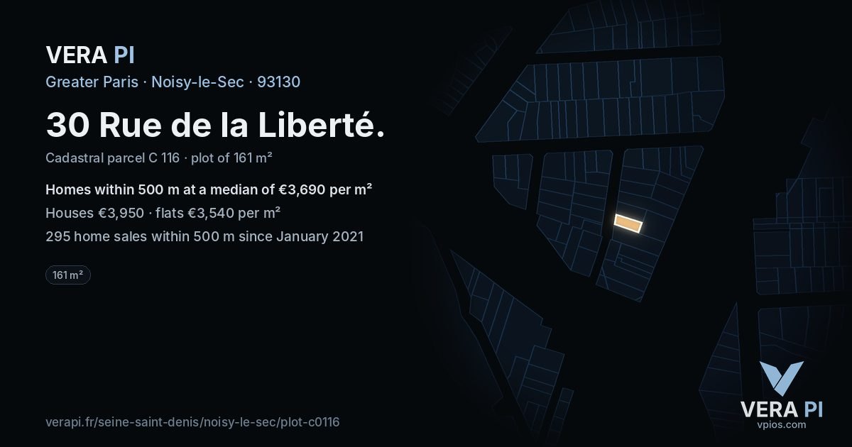 30 Rue de la Liberté, Noisy-le-Sec at night – the plot lit, the parcels around coloured by the prices near them