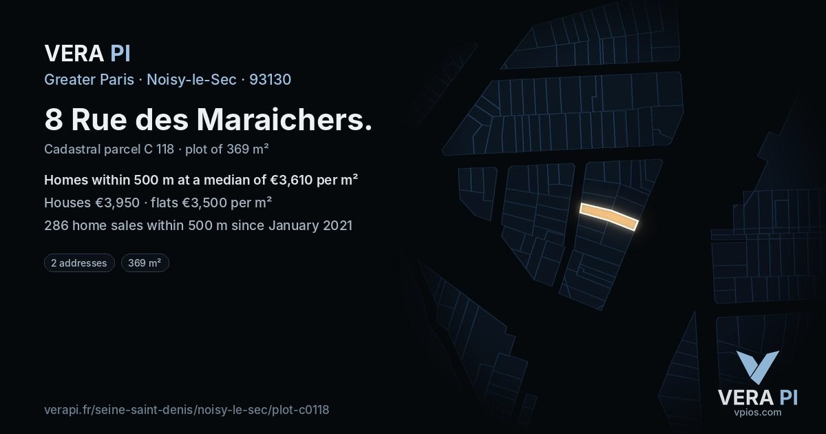 8 Rue des Maraichers, Noisy-le-Sec at night – the plot lit, the parcels around coloured by the prices near them