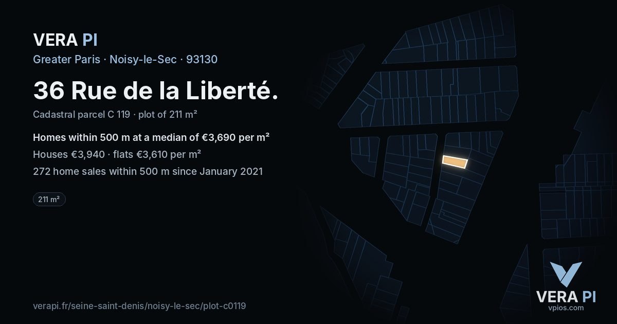 36 Rue de la Liberté, Noisy-le-Sec at night – the plot lit, the parcels around coloured by the prices near them