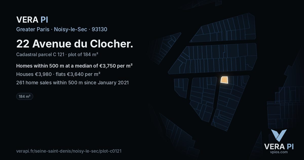 22 Avenue du Clocher, Noisy-le-Sec at night – the plot lit, the parcels around coloured by the prices near them