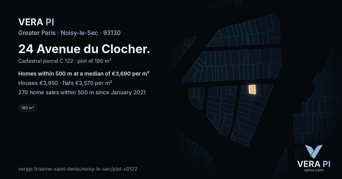 24 Avenue du Clocher, Noisy-le-Sec at night – the plot lit, the parcels around coloured by the prices near them