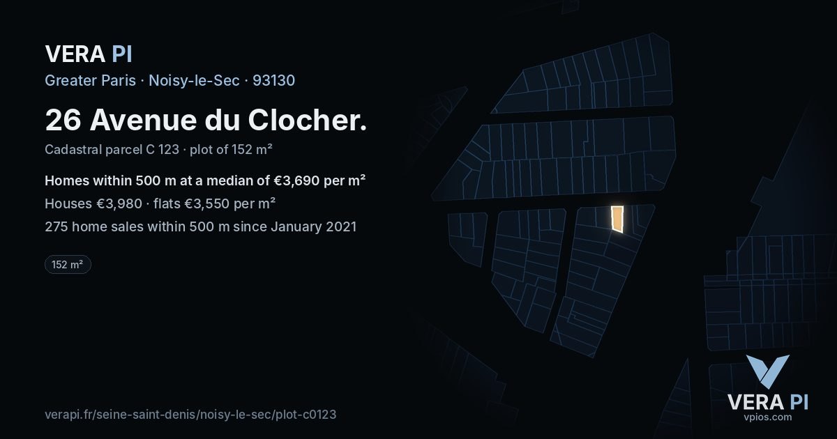26 Avenue du Clocher, Noisy-le-Sec at night – the plot lit, the parcels around coloured by the prices near them