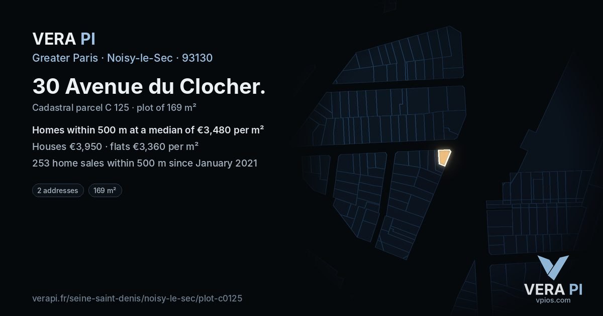 30 Avenue du Clocher, Noisy-le-Sec at night – the plot lit, the parcels around coloured by the prices near them