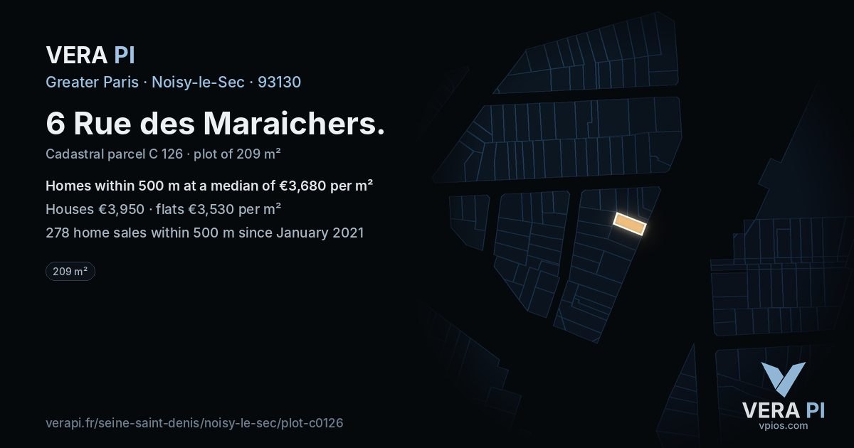 6 Rue des Maraichers, Noisy-le-Sec at night – the plot lit, the parcels around coloured by the prices near them
