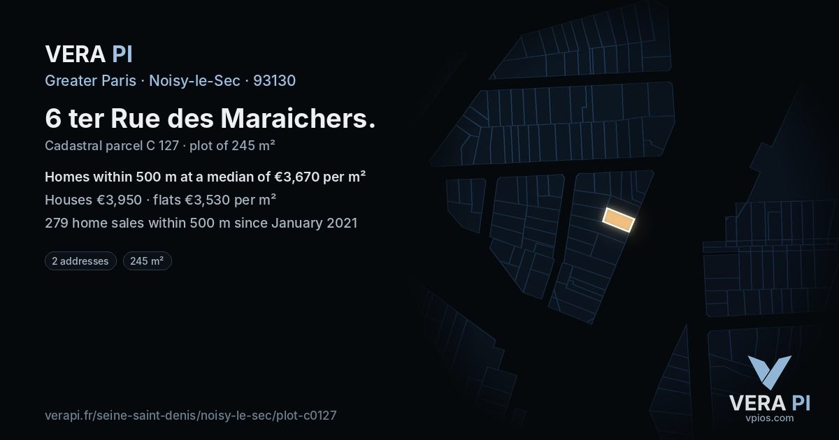 6 ter Rue des Maraichers, Noisy-le-Sec at night – the plot lit, the parcels around coloured by the prices near them