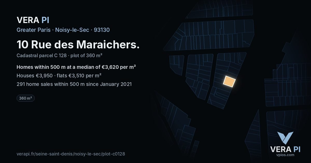 10 Rue des Maraichers, Noisy-le-Sec at night – the plot lit, the parcels around coloured by the prices near them