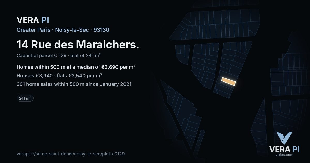 14 Rue des Maraichers, Noisy-le-Sec at night – the plot lit, the parcels around coloured by the prices near them