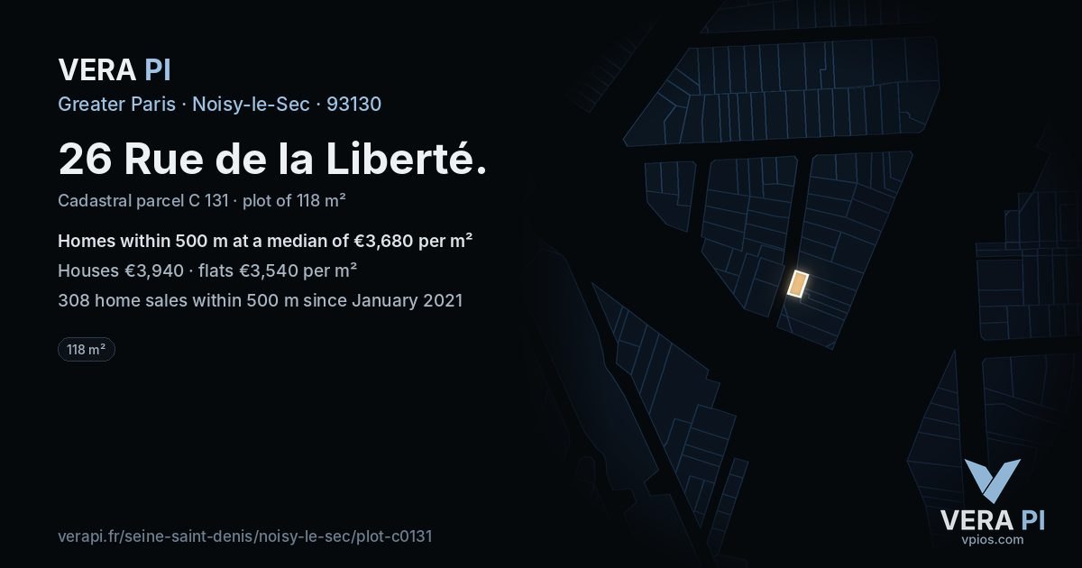 26 Rue de la Liberté, Noisy-le-Sec at night – the plot lit, the parcels around coloured by the prices near them
