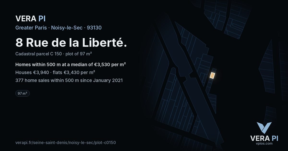 8 Rue de la Liberté, Noisy-le-Sec at night – the plot lit, the parcels around coloured by the prices near them