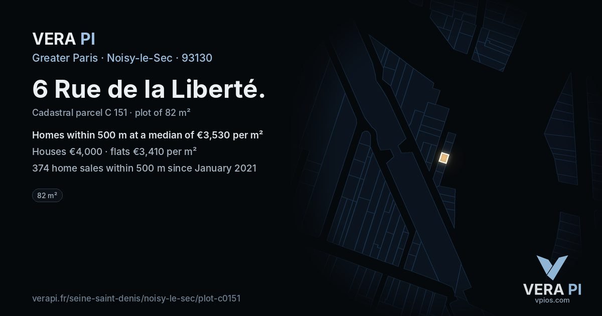 6 Rue de la Liberté, Noisy-le-Sec at night – the plot lit, the parcels around coloured by the prices near them