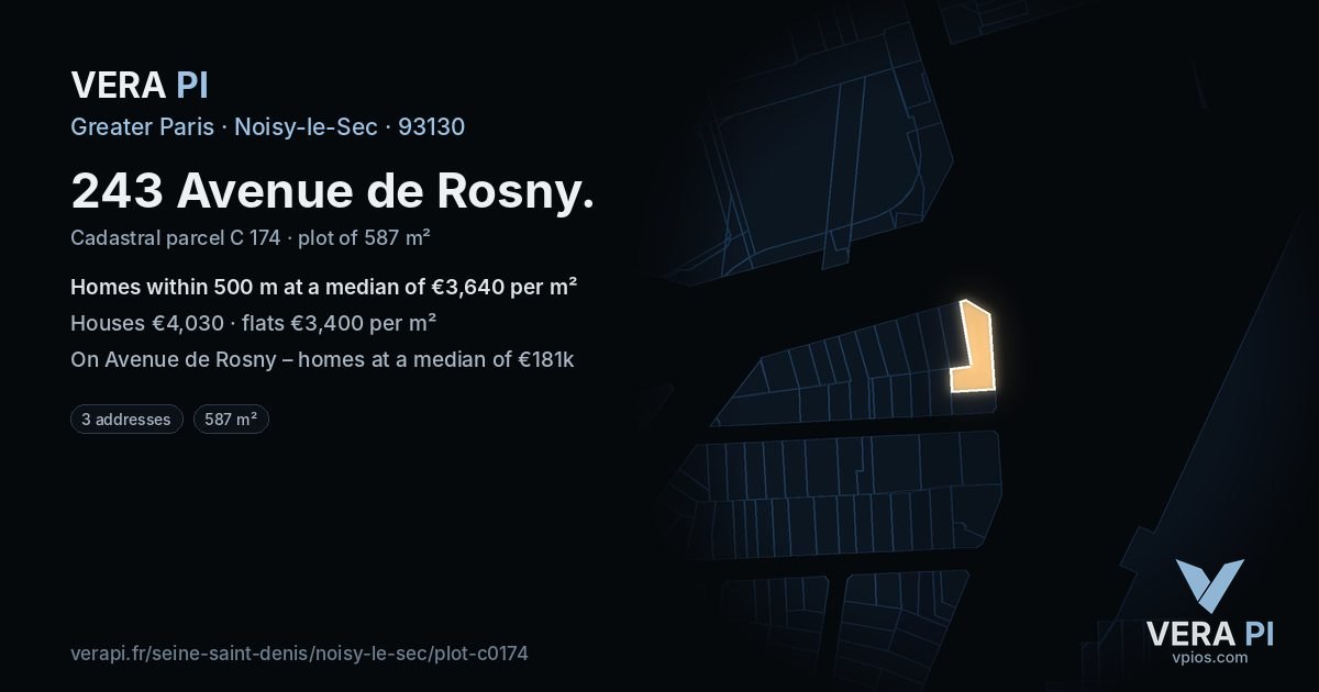243 Avenue de Rosny, Noisy-le-Sec at night – the plot lit, the parcels around coloured by the prices near them