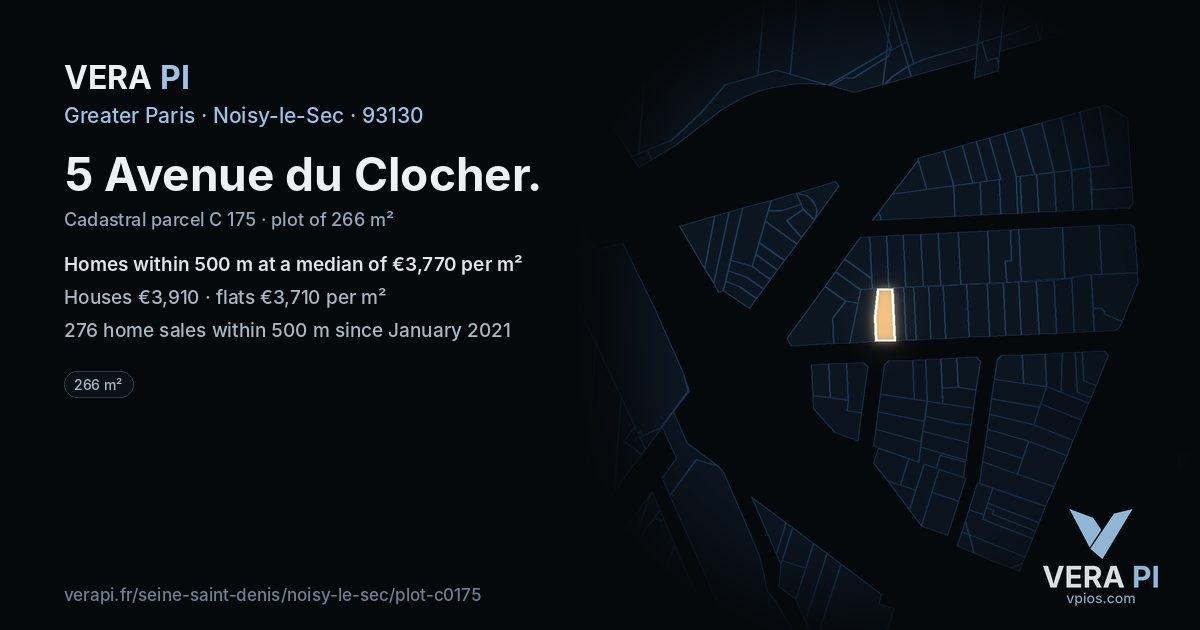 5 Avenue du Clocher, Noisy-le-Sec at night – the plot lit, the parcels around coloured by the prices near them