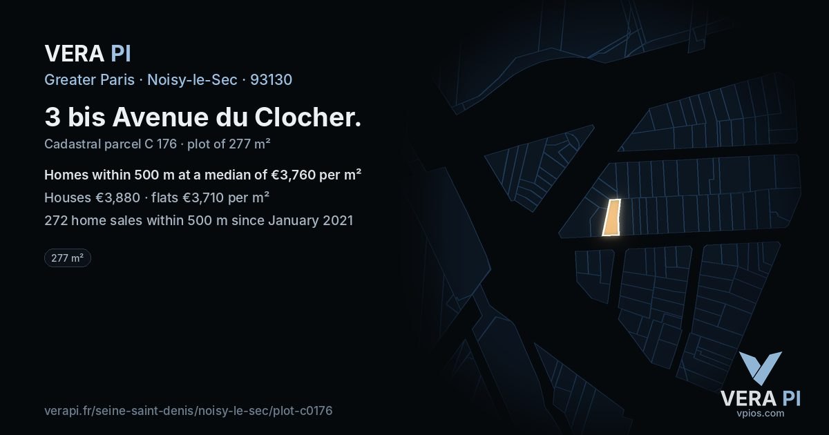 3 bis Avenue du Clocher, Noisy-le-Sec at night – the plot lit, the parcels around coloured by the prices near them