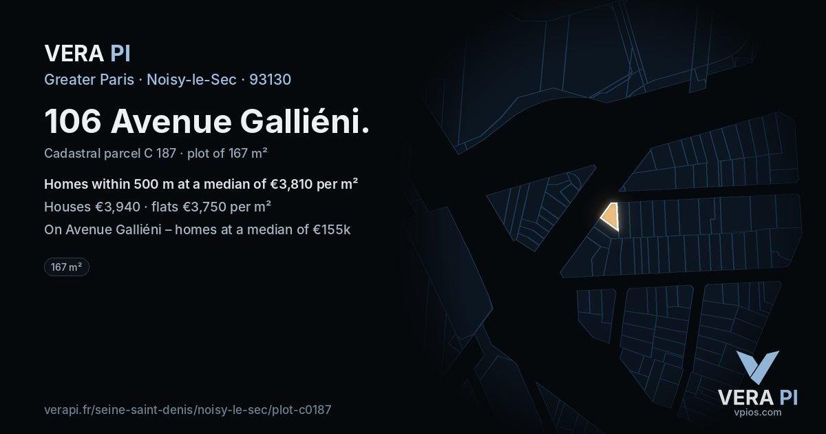 106 Avenue Galliéni, Noisy-le-Sec at night – the plot lit, the parcels around coloured by the prices near them