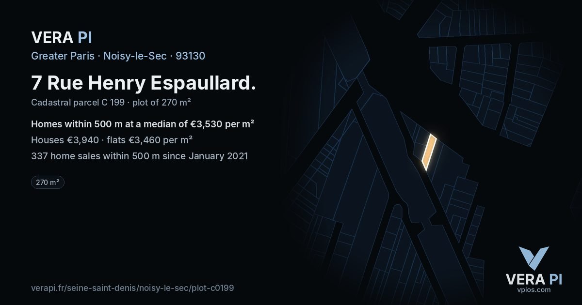 7 Rue Henry Espaullard, Noisy-le-Sec at night – the plot lit, the parcels around coloured by the prices near them