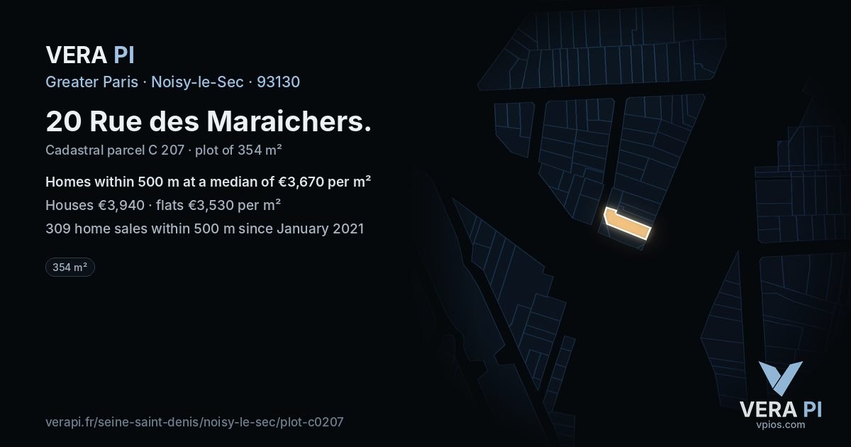 20 Rue des Maraichers, Noisy-le-Sec at night – the plot lit, the parcels around coloured by the prices near them