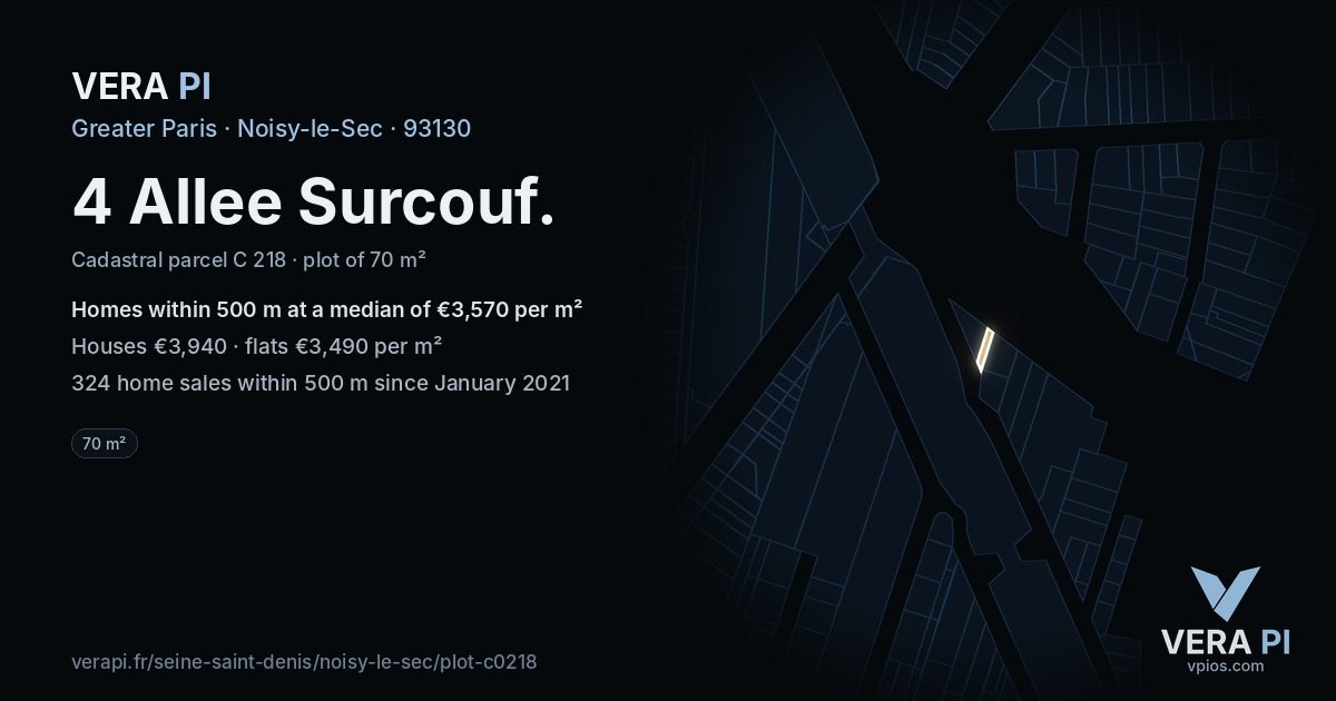 4 Allee Surcouf, Noisy-le-Sec at night – the plot lit, the parcels around coloured by the prices near them