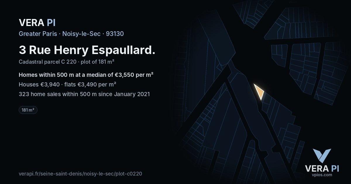 3 Rue Henry Espaullard, Noisy-le-Sec at night – the plot lit, the parcels around coloured by the prices near them