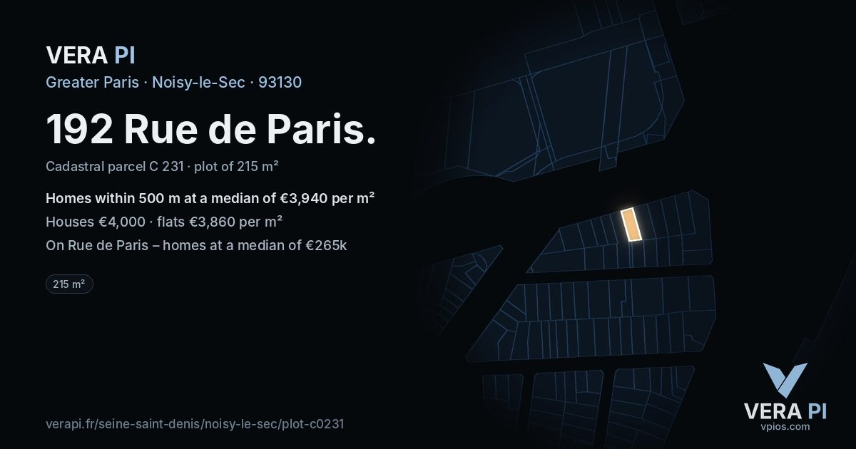 192 Rue de Paris, Noisy-le-Sec at night – the plot lit, the parcels around coloured by the prices near them