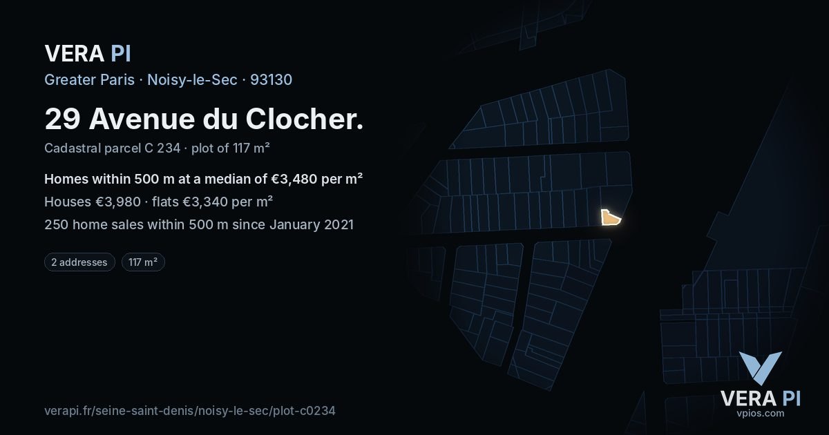 29 Avenue du Clocher, Noisy-le-Sec at night – the plot lit, the parcels around coloured by the prices near them