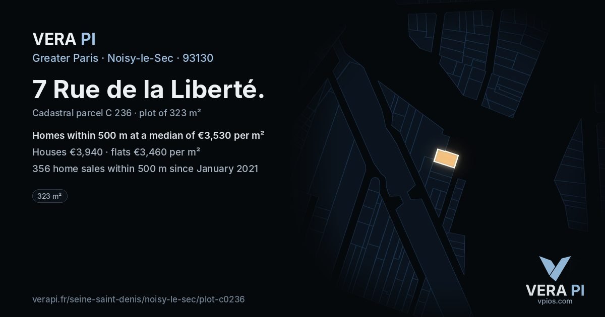 7 Rue de la Liberté, Noisy-le-Sec at night – the plot lit, the parcels around coloured by the prices near them