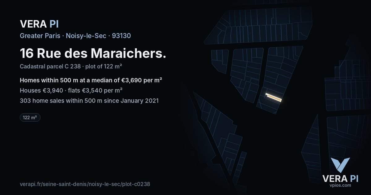 16 Rue des Maraichers, Noisy-le-Sec at night – the plot lit, the parcels around coloured by the prices near them