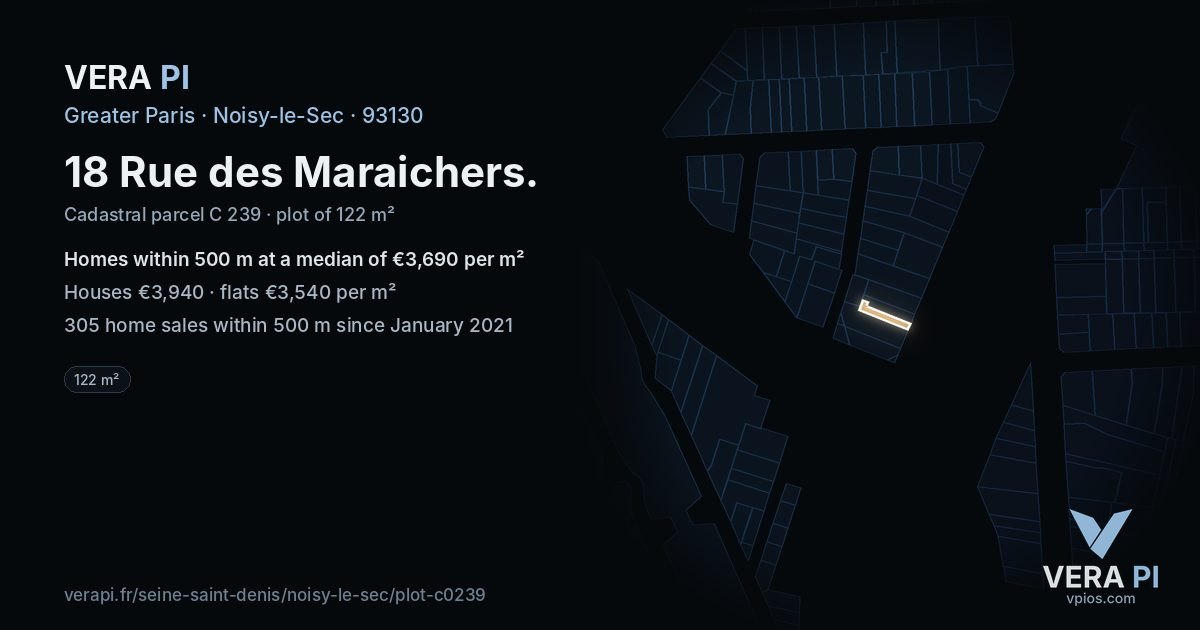 18 Rue des Maraichers, Noisy-le-Sec at night – the plot lit, the parcels around coloured by the prices near them