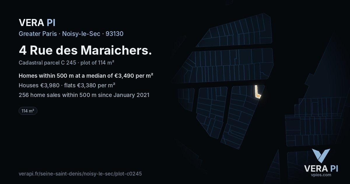 4 Rue des Maraichers, Noisy-le-Sec at night – the plot lit, the parcels around coloured by the prices near them