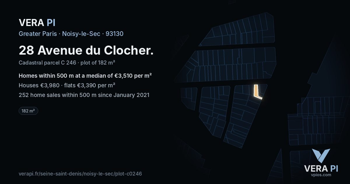 28 Avenue du Clocher, Noisy-le-Sec at night – the plot lit, the parcels around coloured by the prices near them