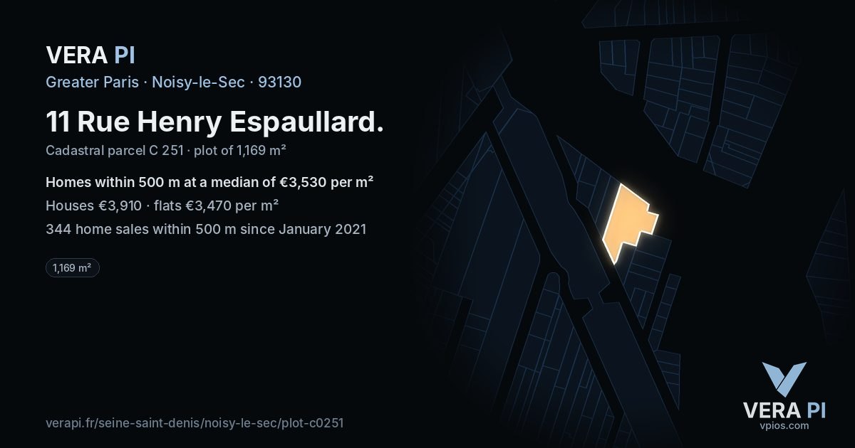 11 Rue Henry Espaullard, Noisy-le-Sec at night – the plot lit, the parcels around coloured by the prices near them
