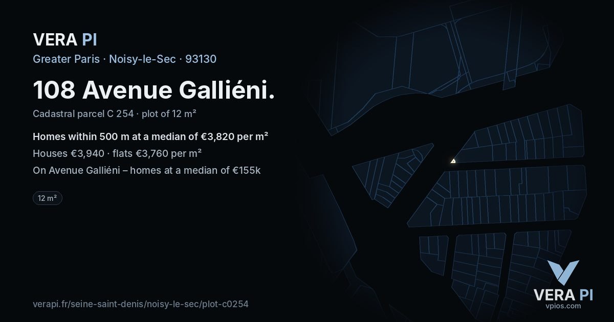 108 Avenue Galliéni, Noisy-le-Sec at night – the plot lit, the parcels around coloured by the prices near them