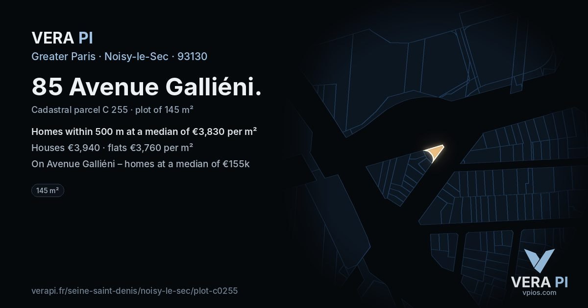 85 Avenue Galliéni, Noisy-le-Sec at night – the plot lit, the parcels around coloured by the prices near them